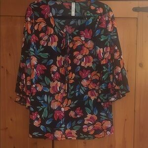 Sandra Darren Black Floral Tie-Front Blouse with Pink Orange Blue Green